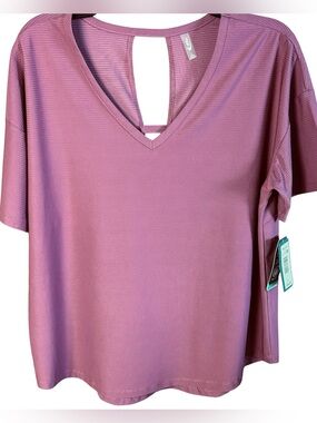 Women's MTA Sport short-sleeve V-neck mauve pink blouse with open keyhole back